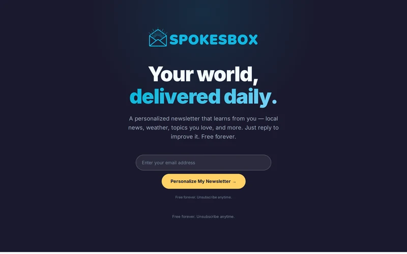 Spokesbox homepage — personalized daily newsletters, private beta